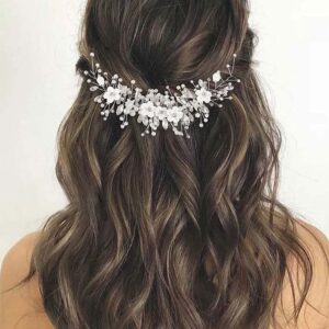 GORAIS Flower Bride Wedding Hair Vine Silver Rhinestone Bridal Headpiece Pearl Hair Piece Crystal Hair Accessories for Women and Girls