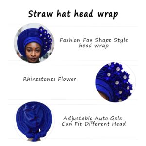 QliHut Fashion Nigerian Gele Headties With Stones Women Head Wrap Beaded Lace Already Made Auto African Headtie For Party (Royal Blue)