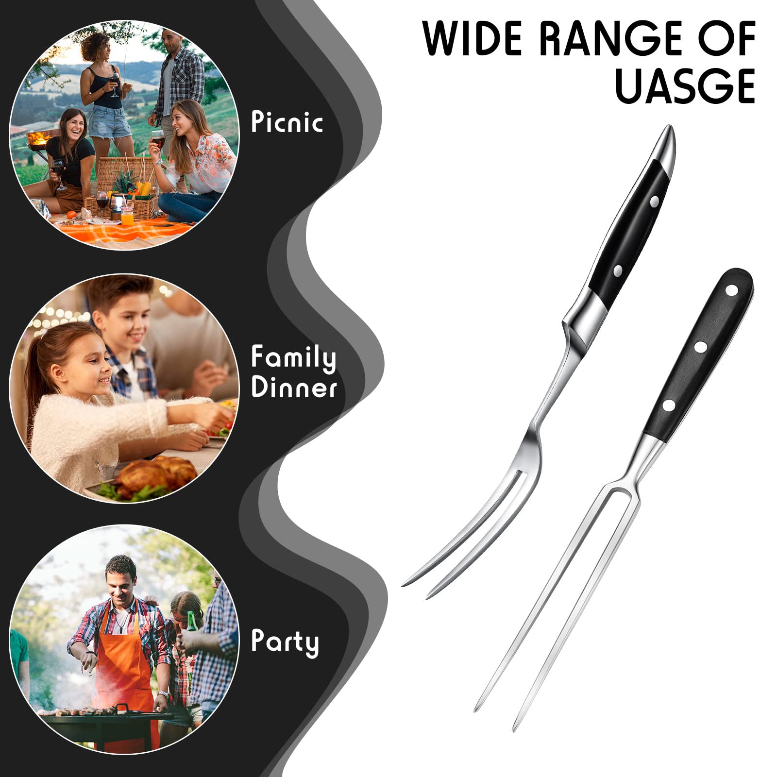 Carving Fork Meat Fork 2 Pieces Christmas Stainless Steel Serving Fork Cooking Fork with Wood Handle Classic Grill Fork with ABS Handle Xmas Black Kitchen Forks Barbecue BBQ Fork Carving Set, 12 Inch