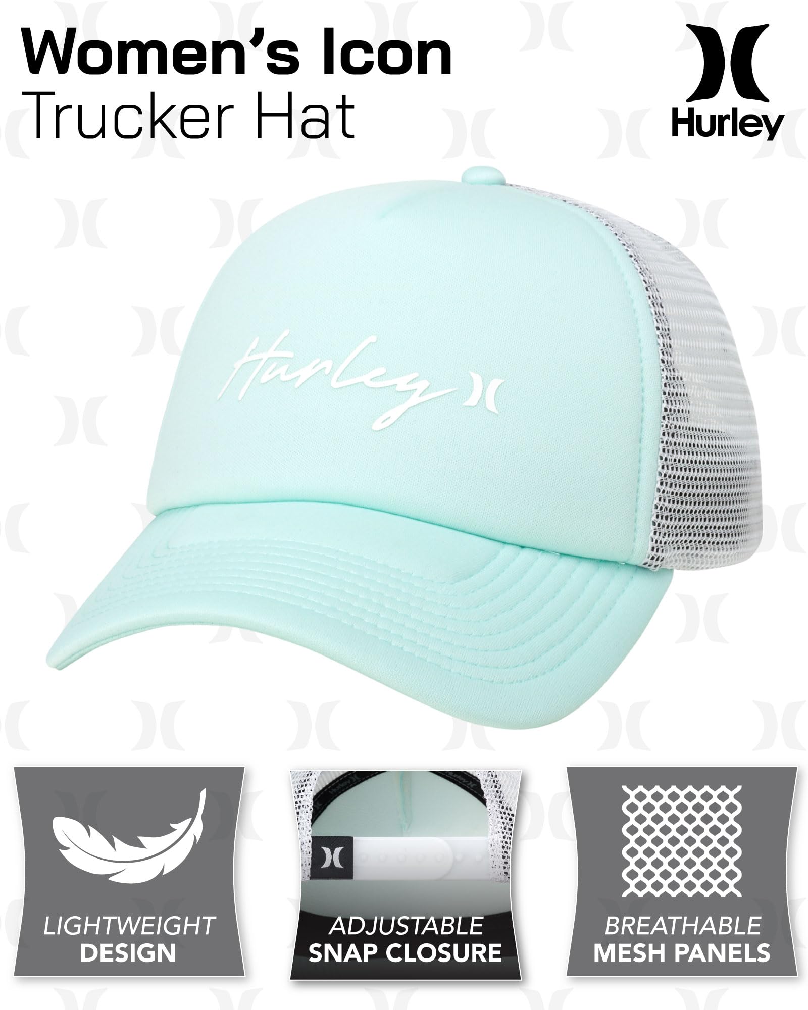 Hurley Women's Baseball Cap - Icon Snap-Back Trucker Hat, Size One Size, Jade Aura