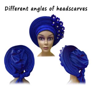 QliHut Fashion Nigerian Gele Headties With Stones Women Head Wrap Beaded Lace Already Made Auto African Headtie For Party (Royal Blue)