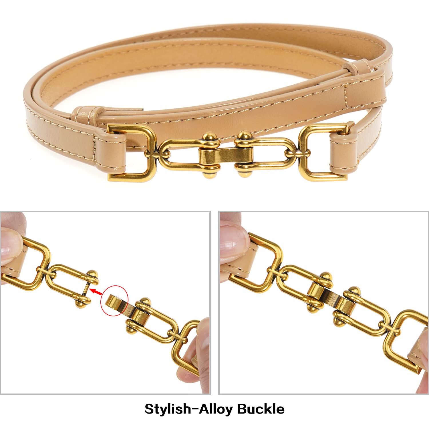 BAOKELAN Skinny Leather Belts for Women Slim Waist Belt Patent Leather with Gold Buckle for Dress Apricot 100CM