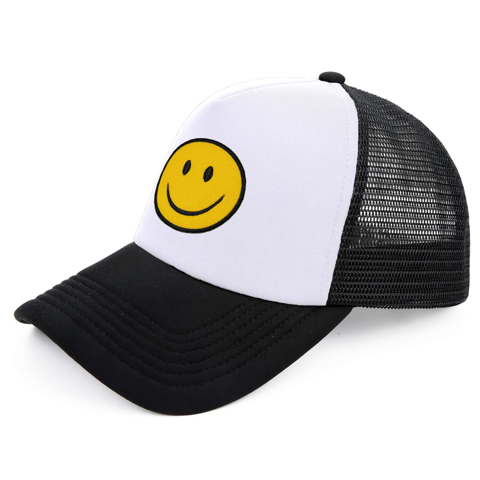 lycycse Smile Face Trucker Hat Retro Mesh Baseball Cap with Smile Patch Foam Neon High Crown Y2K Hats for Men Women (Black)