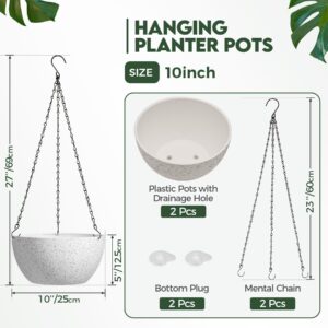 T4U 10 Inch Hanging Planters for Indoor Outdoor Plants - 2 Pack Plastic Hanging Flower Plant Pot with Drainage Hole, Round Hanging Plant Basket for Home Garden Porch Balcony Patio Decor (White)