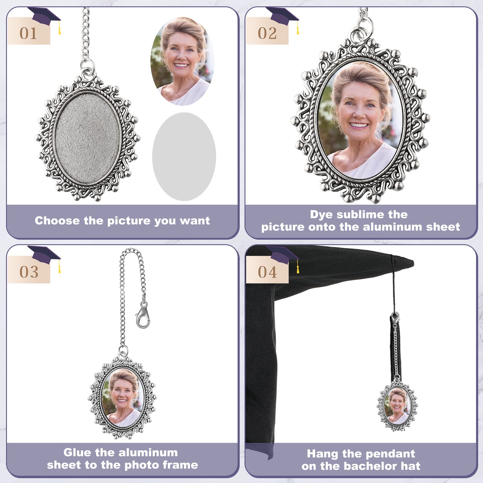 Sureio Graduation Cap Photo Charm Oval Graduation Cap Decorations Sublimation Tassels Graduation Photo Charm for Cap and Gown Ceremony Picture Decorations(4 Pieces)