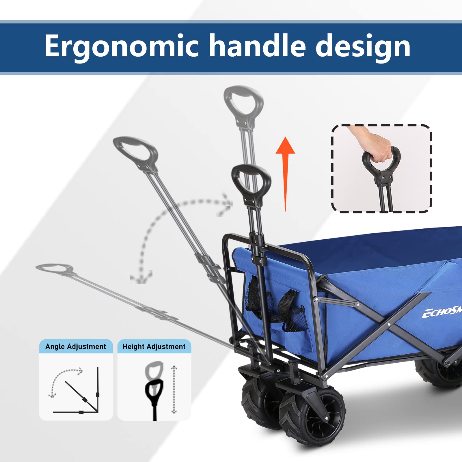 EchoSmile Heavy Duty 350 Lbs Capacity Collapsible Wagon, Outdoor Folding Camping Beach Wagons, Grocery Portable Utility Cart, Adjustable Rolling Carts, All Terrain Sports Wagon with Big Wheels