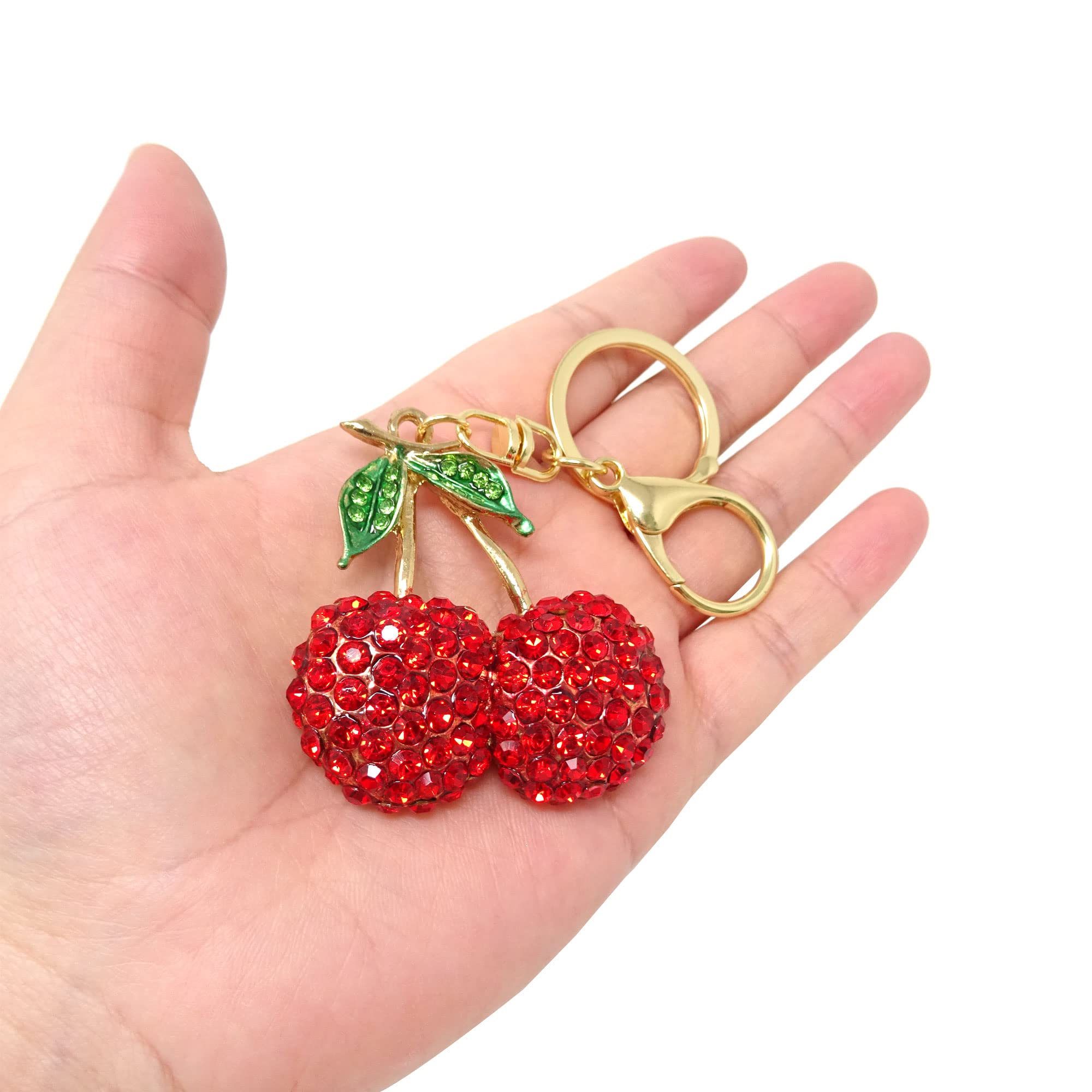 Honbay 1PCS Rhinestone Cherry Keychain Sparkling Fruit Cherry with Leaves Keyring in A Box for Bag Purse Wallet Cellphone or Car Pendant