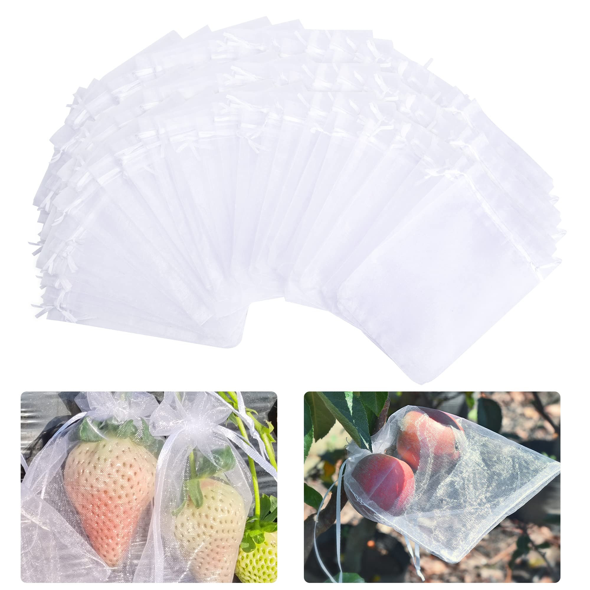 100 Pieces Organza Fruit Netting Bags - 6x8 Inch Fruit Protection Bags with Drawstring, Garden Plant Net Barrier Bag for Tomatoes, Grapes, Mangoes