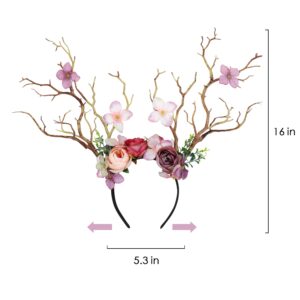 FRESHME Fairy Antlers Flower Crown - Handmade Elf Deer Reindeer Headbands Headpiece for Women Renaissance Cosplay Accessories