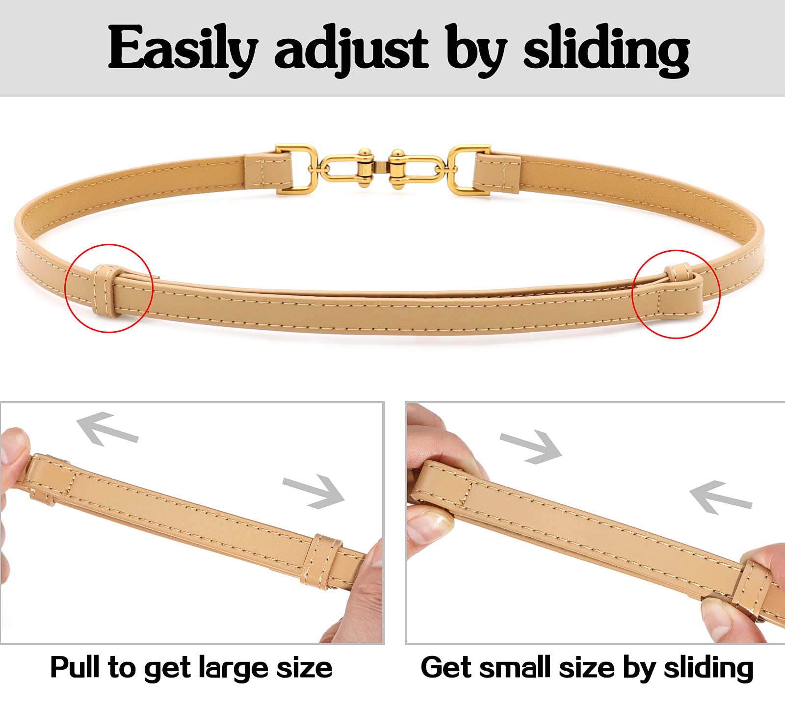 BAOKELAN Skinny Leather Belts for Women Slim Waist Belt Patent Leather with Gold Buckle for Dress Apricot 100CM