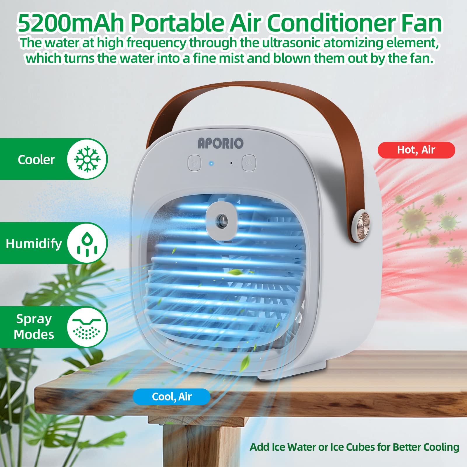 Portable Air Conditioner-5200mAh Rechargeable Personal Air Cooler with 3 Speeds Duration 5-10 hrs, Quiet Mini Air Conditioner Fan, Desk Cooling Fan for Home, Bedroom, Travel, and Office