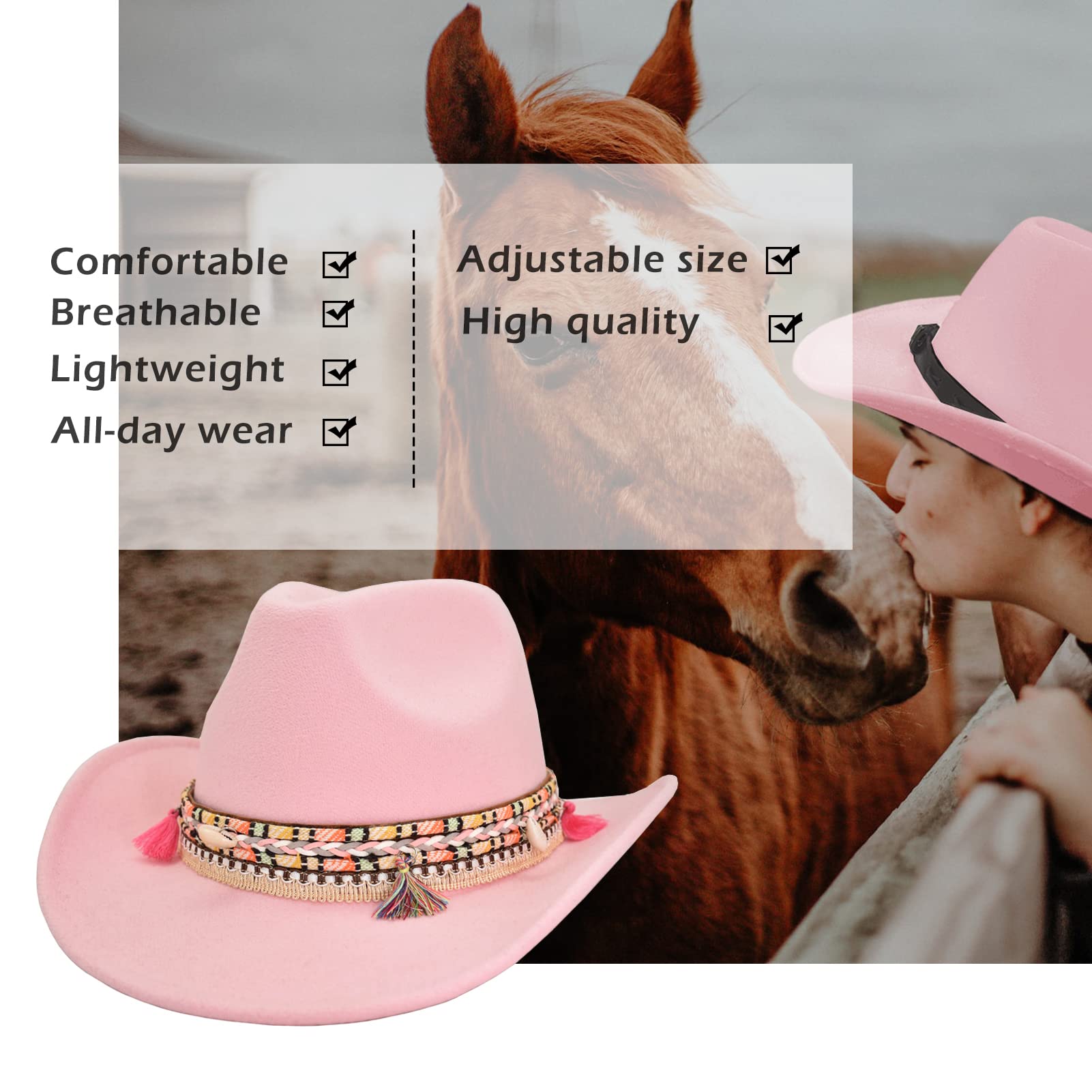 Gossifan Women Men Western Cowboy Cowgirl Hat Fedora Hat with Belt-Tassel Pink