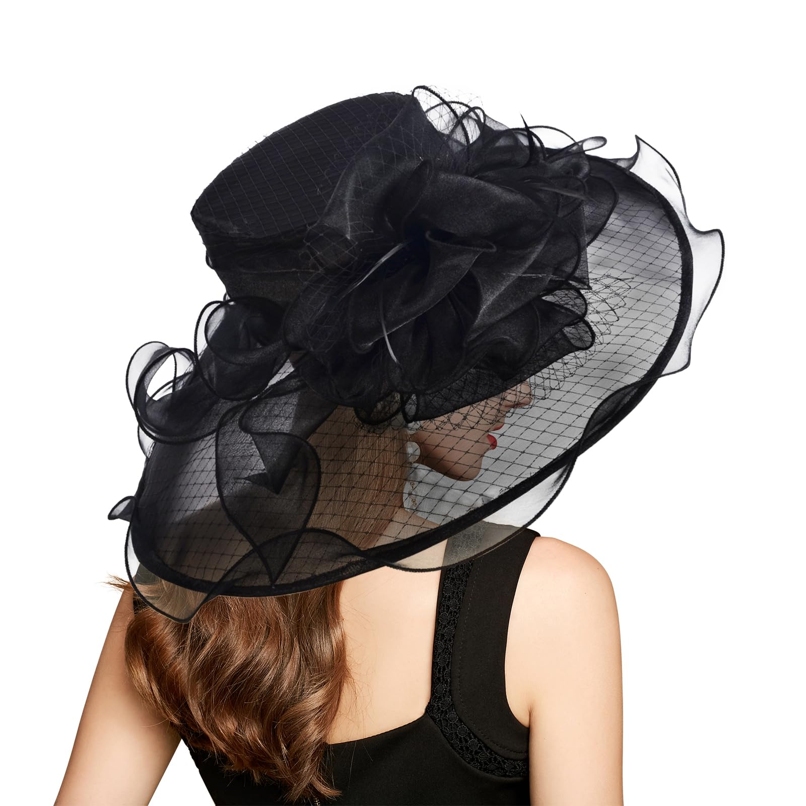 2024 Kentucky Derby Hats for Women Girls Ladies, Organza Church Tea Party Wedding Funeral Fascinator Hat UV Protection Sun Hat Black