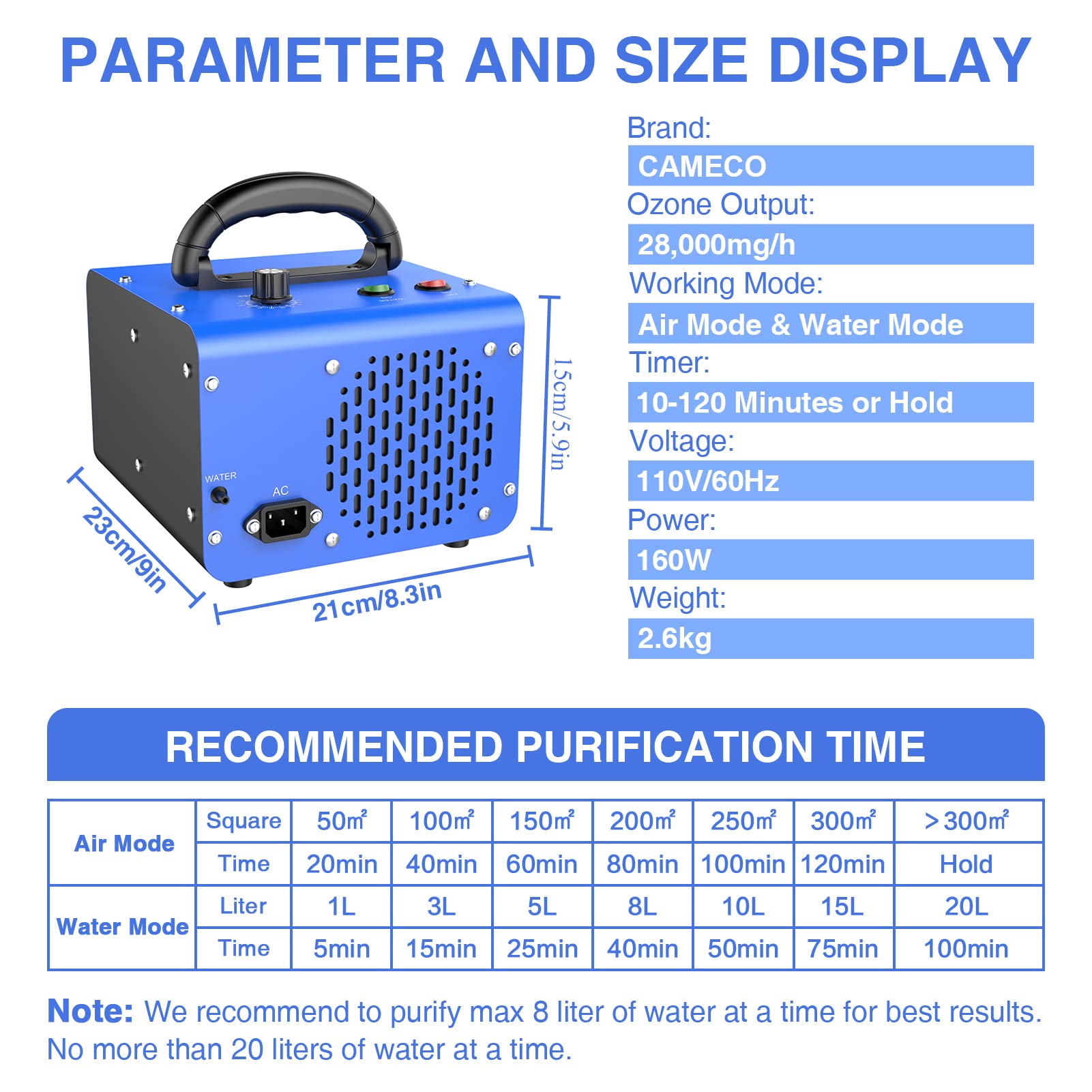 CAMECO Ozone Generator with Air & Water Modes 28,000mg/h, O3 Ozone Machine Ionizer Air Purifier, Commercial & Industrial Deodorizer for Water, Home, Cars, Office, Basement, Garage, Pets, Smoke