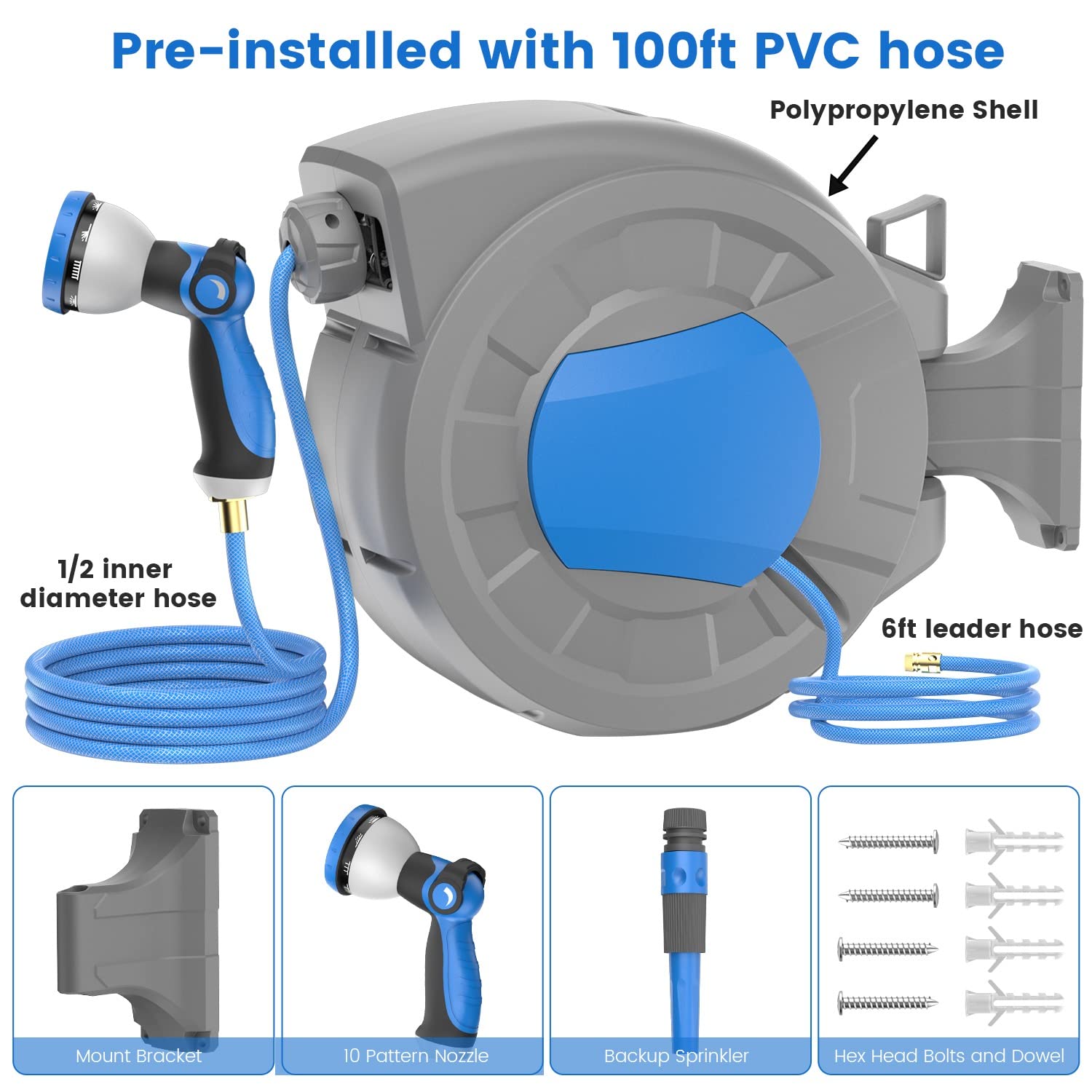 REDUCTUS Retractable Garden Hose Reel Wall Mount, 1/2" x 100 ft + 6.5 ft Retractable Hose Reel with 10 Pattern Nozzle, Automatic Slow Rewind System/Lock Any Length/180°Swivel Hose Reel for Outside