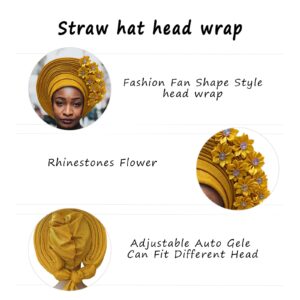 African Head Wraps Fashion Headbands Stones ASO Oke Auto Gele Headtie Already Made Women's Hats & Caps for Wedding Party. (Yellow)