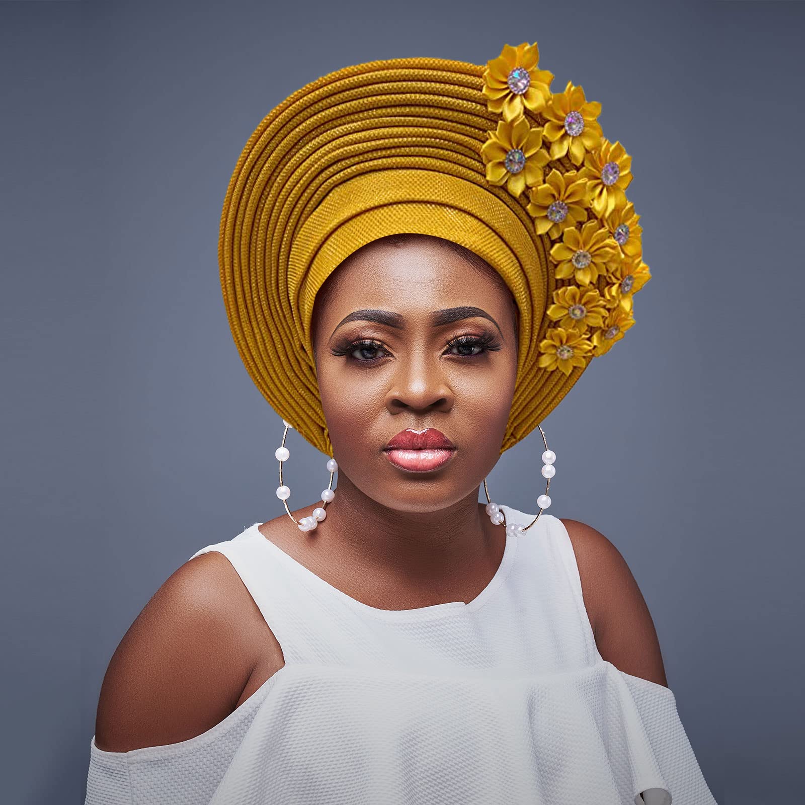 African Head Wraps Fashion Headbands Stones ASO Oke Auto Gele Headtie Already Made Women's Hats & Caps for Wedding Party. (Yellow)