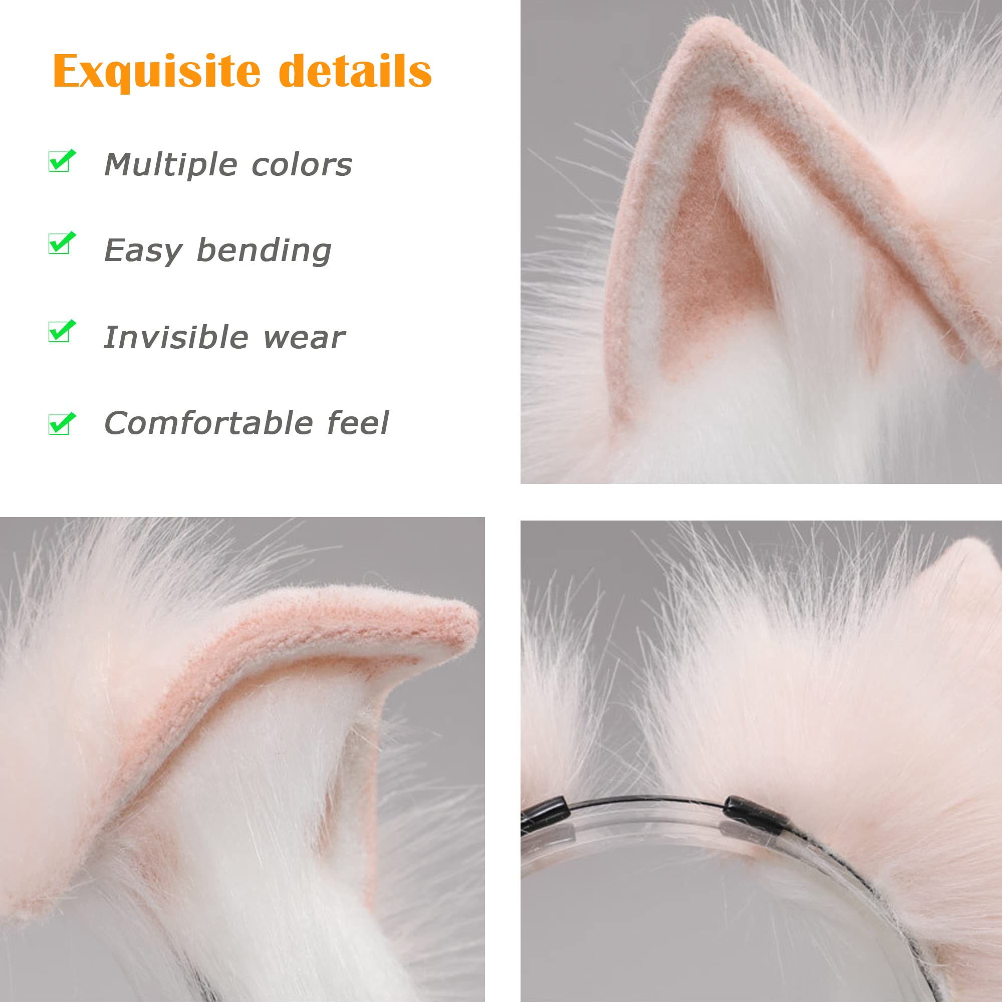 BNLIDES Handmade Fur Fox Wolf Cat Ears Headwear Women Men Cosplay Costume Party Cute Head Accessories for Halloween (Khaki White)