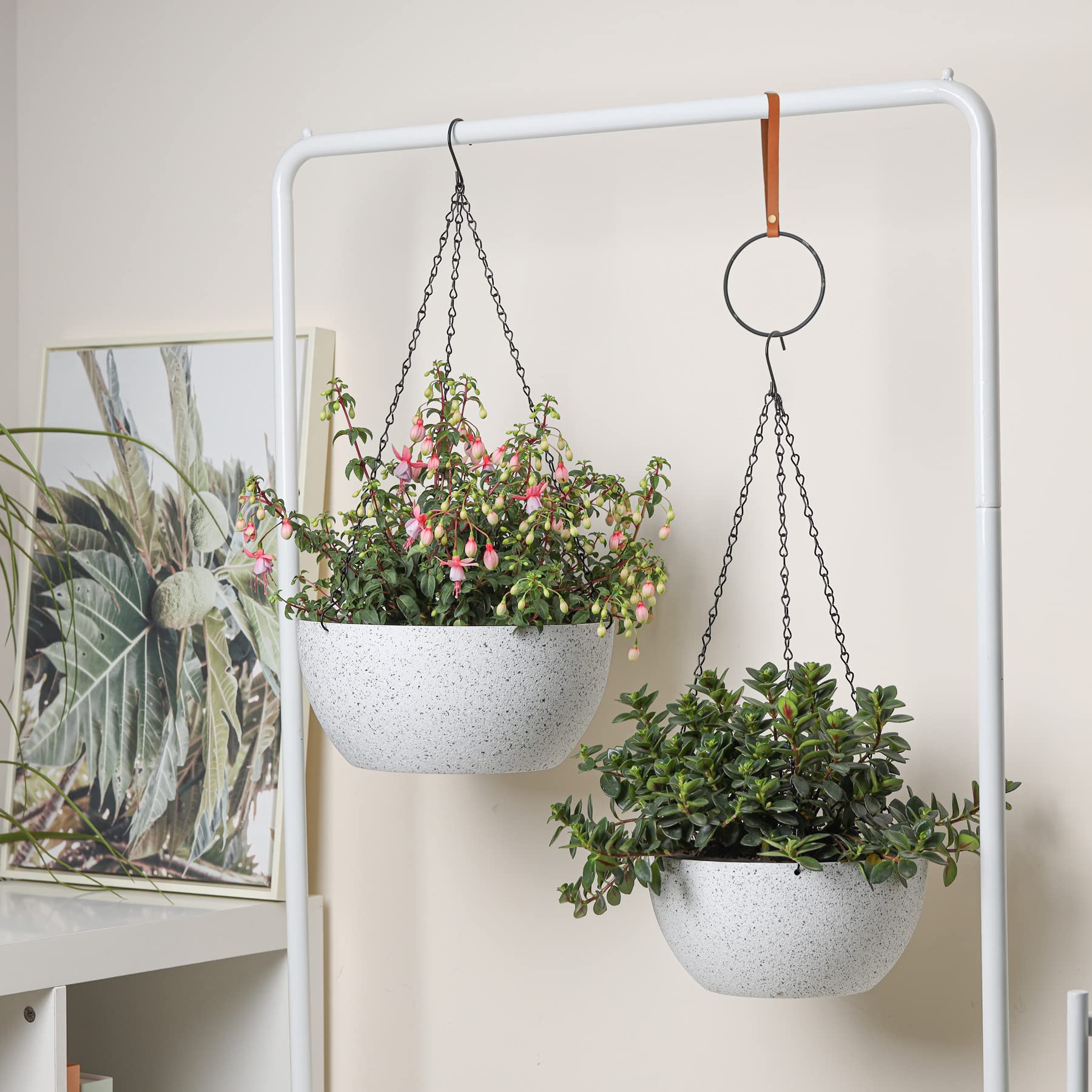 T4U 10 Inch Hanging Planters for Indoor Outdoor Plants - 2 Pack Plastic Hanging Flower Plant Pot with Drainage Hole, Round Hanging Plant Basket for Home Garden Porch Balcony Patio Decor (White)