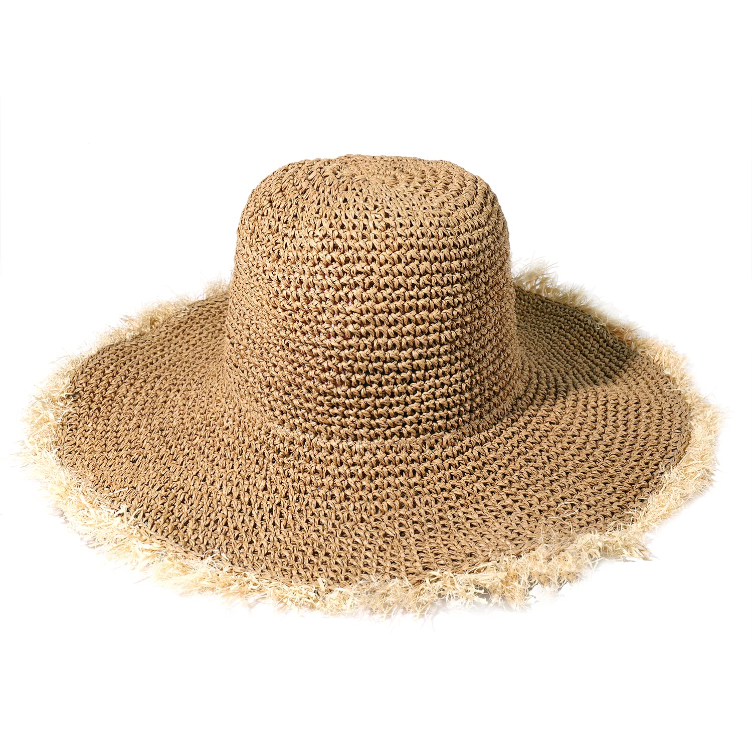 XOCARTIGE Sun Hats Women Straw Hats Wide Brim Summer Beach Hats Foldable Fringed Floppy Fedora Hats Summer Vacation Accessory (Brown)