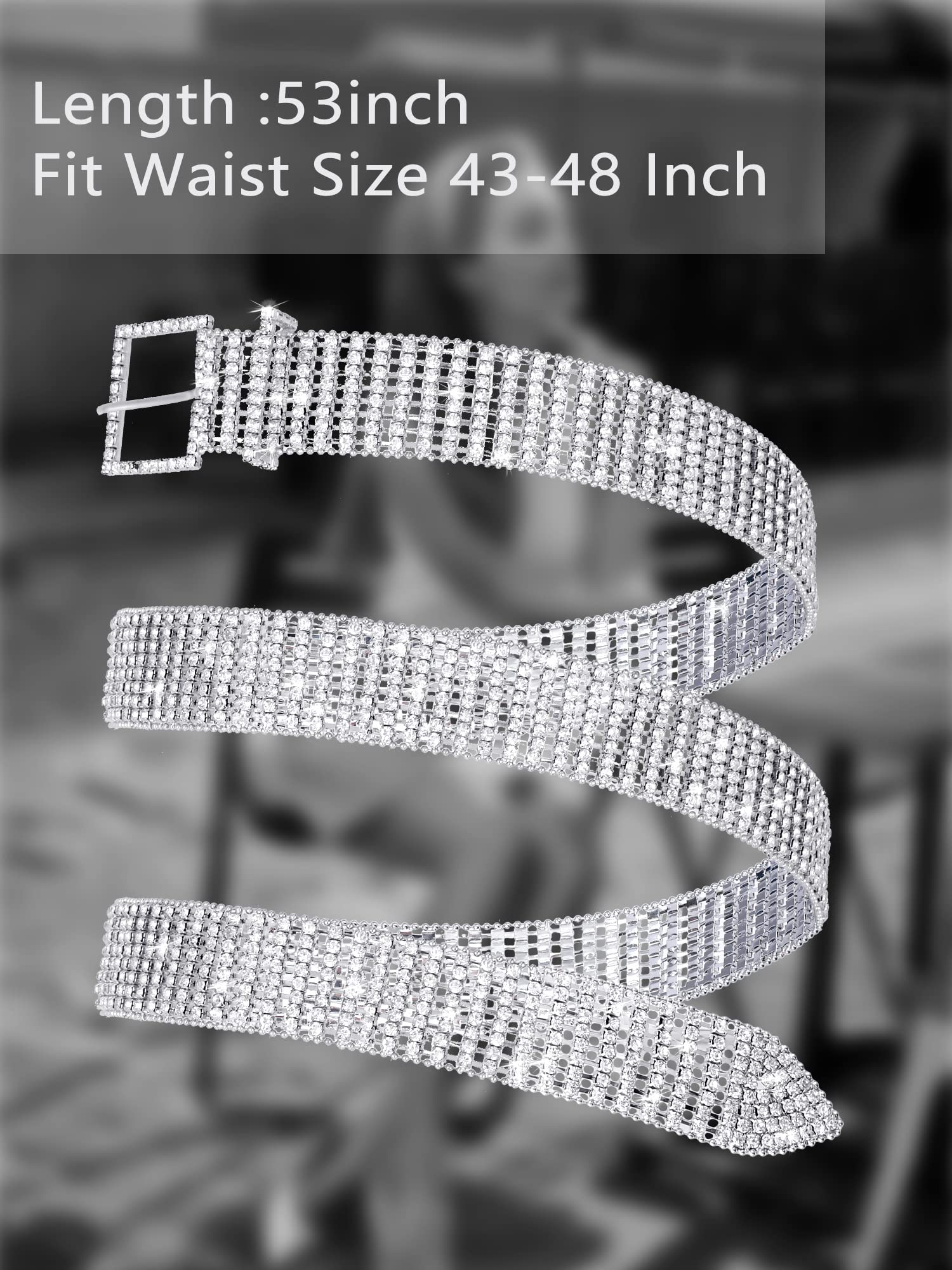 Geyoga 2 Pieces Women Rhinestone Belt for Dress Crystal Diamond Waist Belt Shiny Rhinestone Wide Waist Belt Ladies Belt (Silver,X-Large, Fit Waist Size 43-48 Inch)