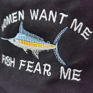 Enodtter Women Want Me Fish Fear Me Embroidered Bucket Hat, Black Embroidery Beach Sun Hat Summer Travel Fisherman Cap