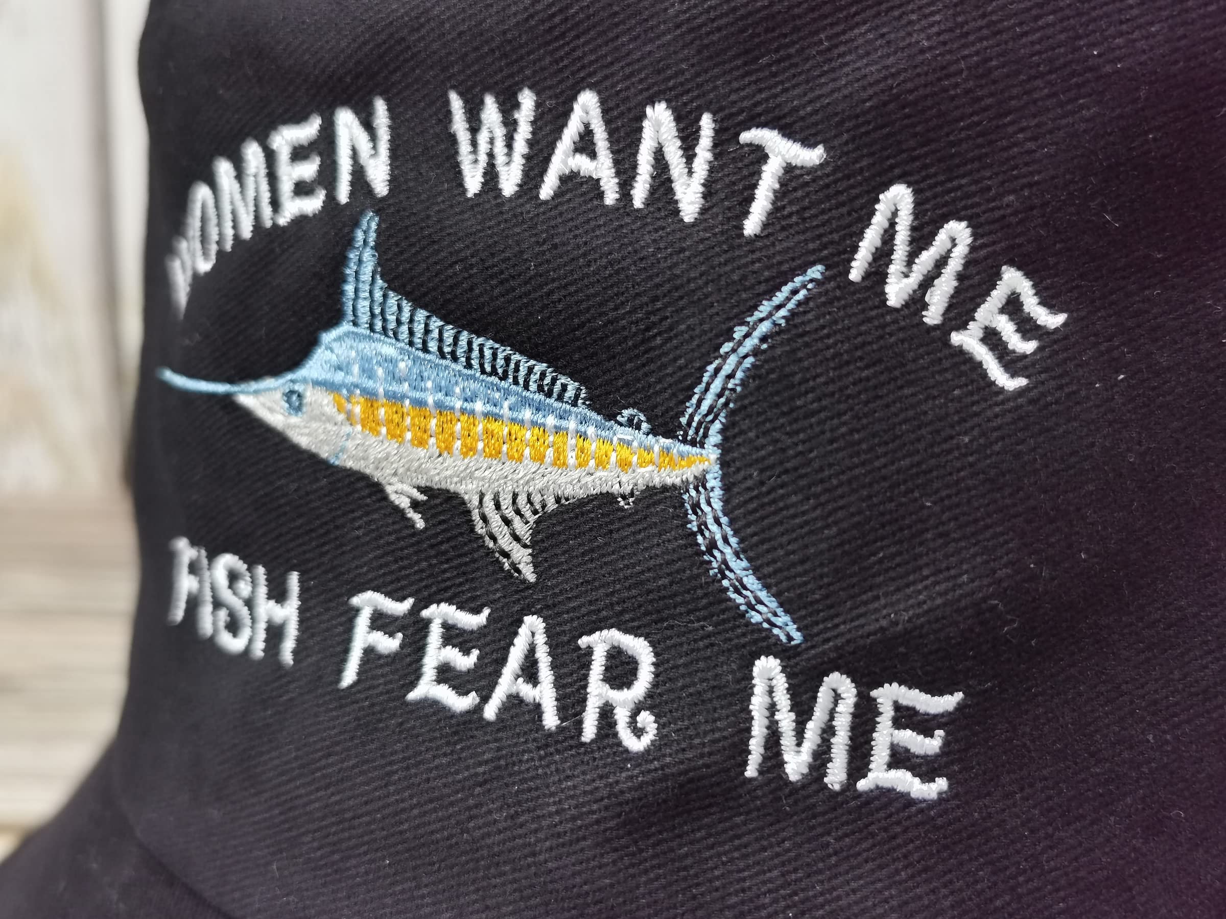 Enodtter Women Want Me Fish Fear Me Embroidered Bucket Hat, Black Embroidery Beach Sun Hat Summer Travel Fisherman Cap