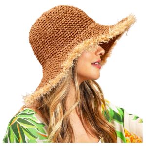 XOCARTIGE Sun Hats Women Straw Hats Wide Brim Summer Beach Hats Foldable Fringed Floppy Fedora Hats Summer Vacation Accessory (Brown)