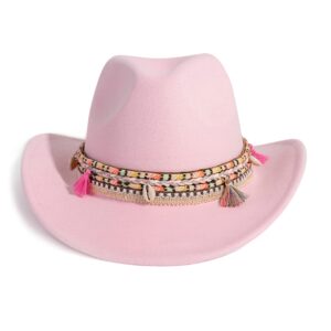 Gossifan Women Men Western Cowboy Cowgirl Hat Fedora Hat with Belt-Tassel Pink