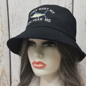 Enodtter Women Want Me Fish Fear Me Embroidered Bucket Hat, Black Embroidery Beach Sun Hat Summer Travel Fisherman Cap