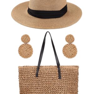 Coume Straw Large Beach Bag for Women's Woven Beach Bag and Beach Hats Set Beach Earring Handmade Shoulder Bag Handbag Bohemia Set(Khaki)