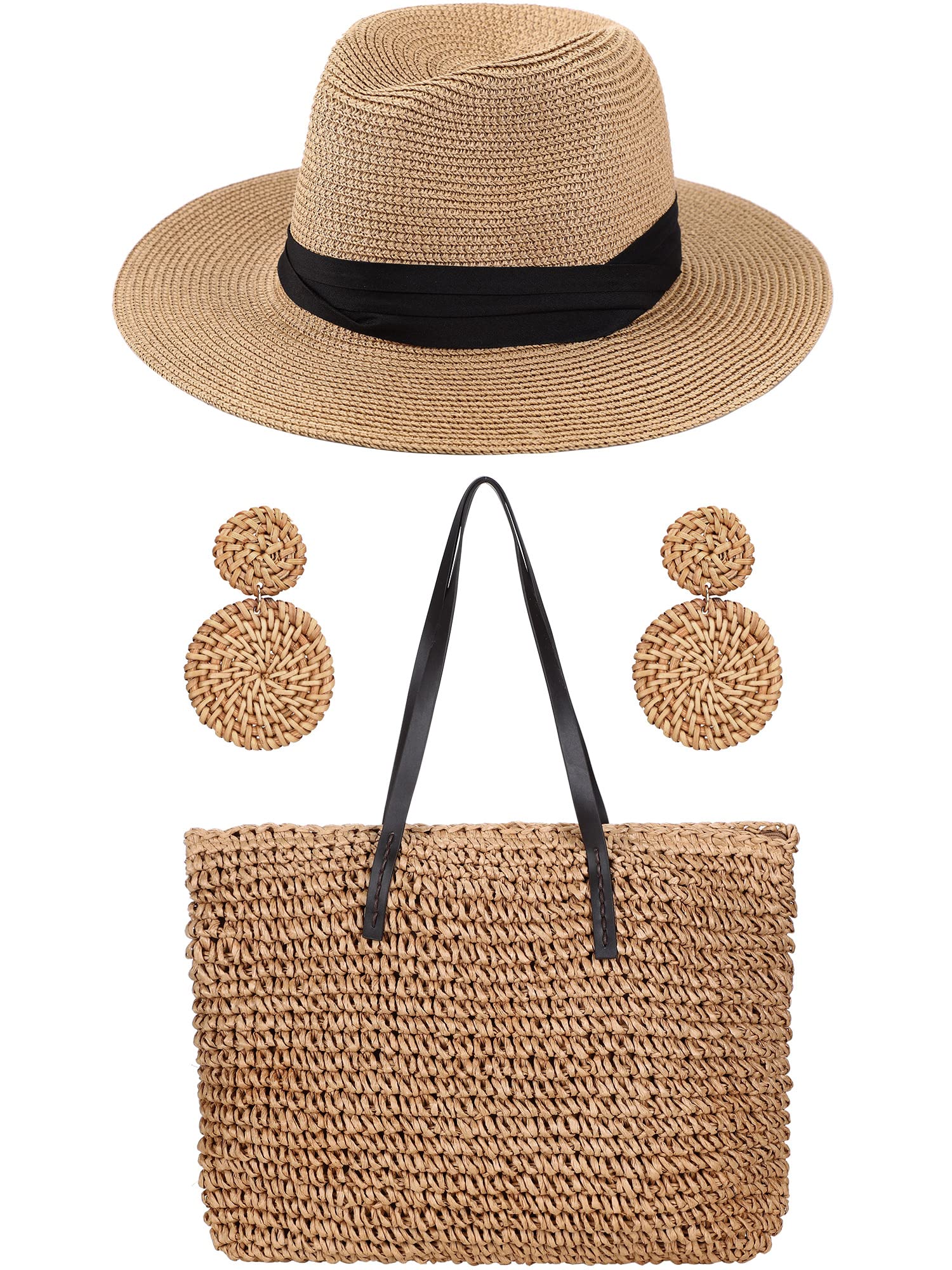 Coume Straw Large Beach Bag for Women's Woven Beach Bag and Beach Hats Set Beach Earring Handmade Shoulder Bag Handbag Bohemia Set(Khaki)