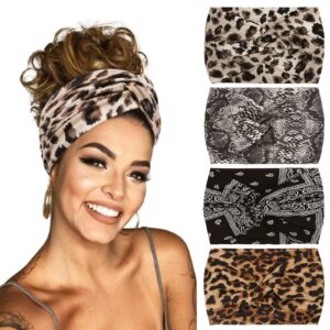 Headbands for Women' s Hair Wide Thick Stretchy Boho African Turban Knotted Leopard Head Bands 4Packs