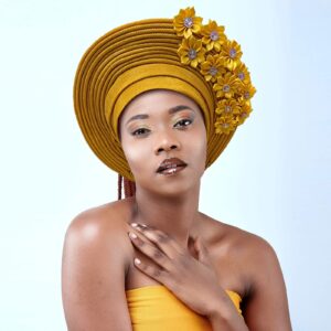 African Head Wraps Fashion Headbands Stones ASO Oke Auto Gele Headtie Already Made Women's Hats & Caps for Wedding Party. (Yellow)