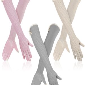 3 Pairs Women UV Sun Protection Driving Gloves UV Long Sun Protective Touchscreen Gloves for Outdoor Sports Summer (Pink, Beige, Gray)