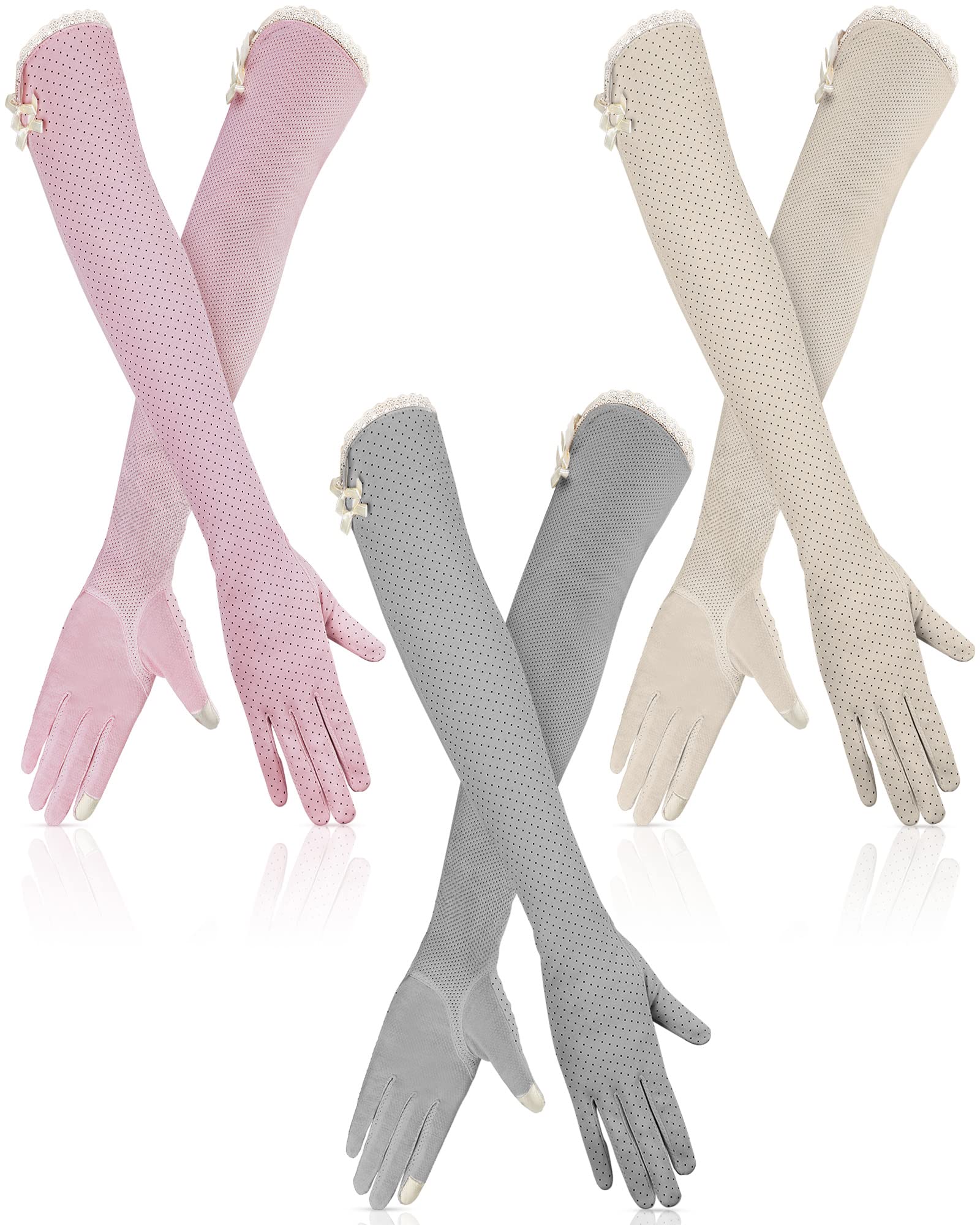 3 Pairs Women UV Sun Protection Driving Gloves UV Long Sun Protective Touchscreen Gloves for Outdoor Sports Summer (Pink, Beige, Gray)