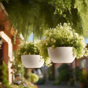 T4U 10 Inch Hanging Planters for Indoor Outdoor Plants - 2 Pack Plastic Hanging Flower Plant Pot with Drainage Hole, Round Hanging Plant Basket for Home Garden Porch Balcony Patio Decor (White)