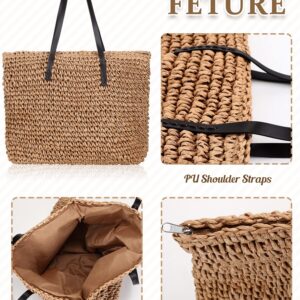 Coume Straw Large Beach Bag for Women's Woven Beach Bag and Beach Hats Set Beach Earring Handmade Shoulder Bag Handbag Bohemia Set(Khaki)