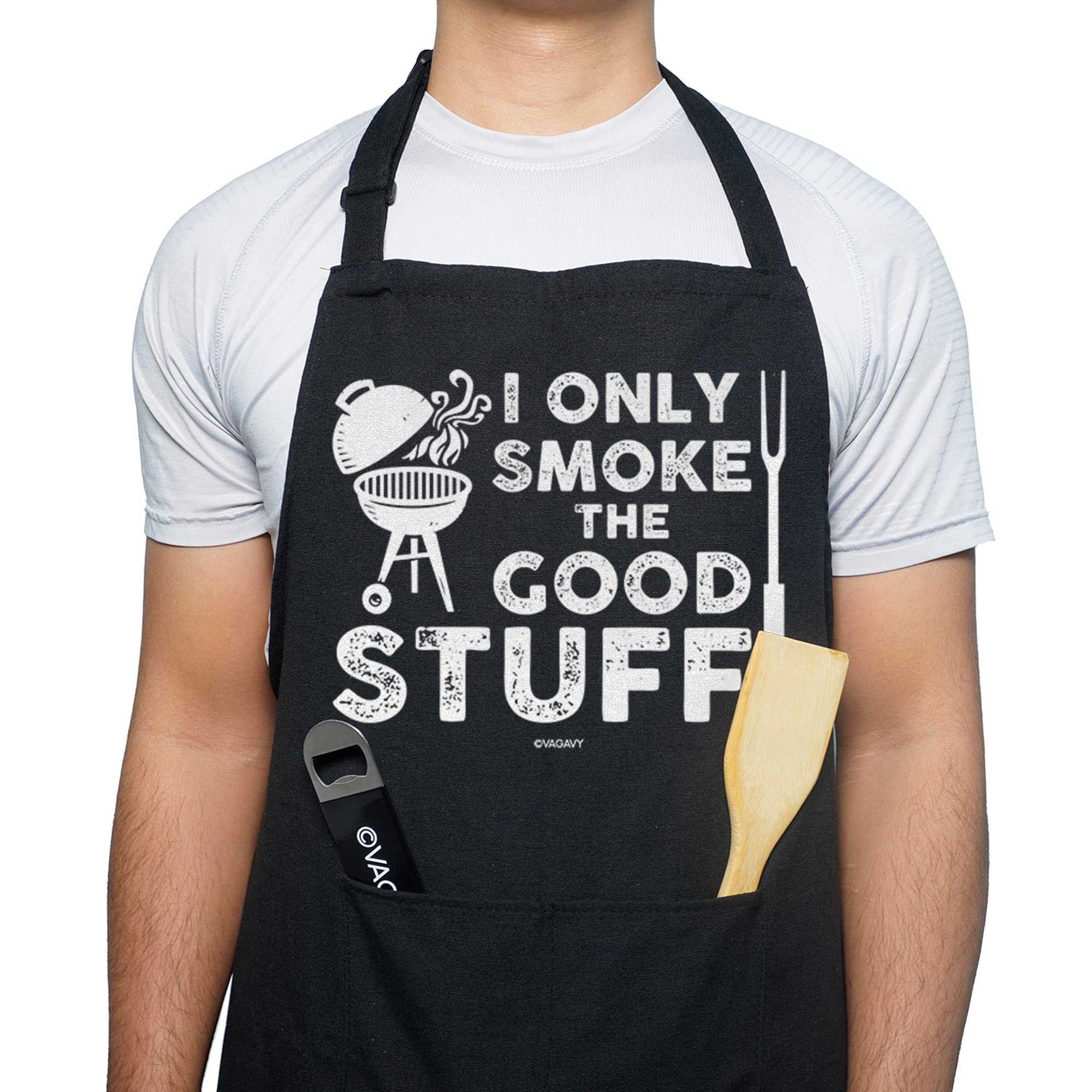 VAGAVY - Funny I Only Smoke The Good Stuff Men Apron with Pockets - Black Aprons for Men, Dad, Husband - Birthday, Father’s Day Grilling Gifts for Papa, Husband…