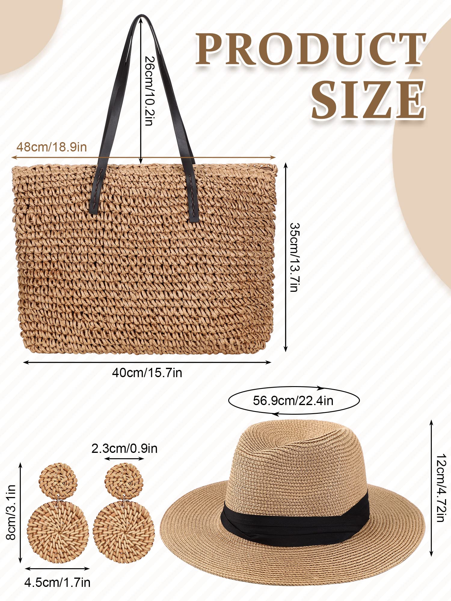 Coume Straw Large Beach Bag for Women's Woven Beach Bag and Beach Hats Set Beach Earring Handmade Shoulder Bag Handbag Bohemia Set(Khaki)