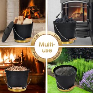 Mini Ash Bucket with Lid,Shovel & Hand Broom,Galvanized Steel Metal Charcoal Container, Coal Bucket with Handle,Tool Set Accessories for Fireplace Indoor & Outdoor, Fire Pit, Wood Burning Stove.Golden