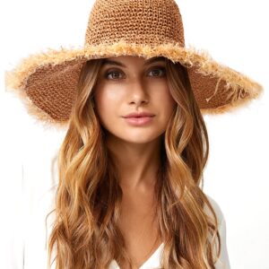 XOCARTIGE Sun Hats Women Straw Hats Wide Brim Summer Beach Hats Foldable Fringed Floppy Fedora Hats Summer Vacation Accessory (Brown)