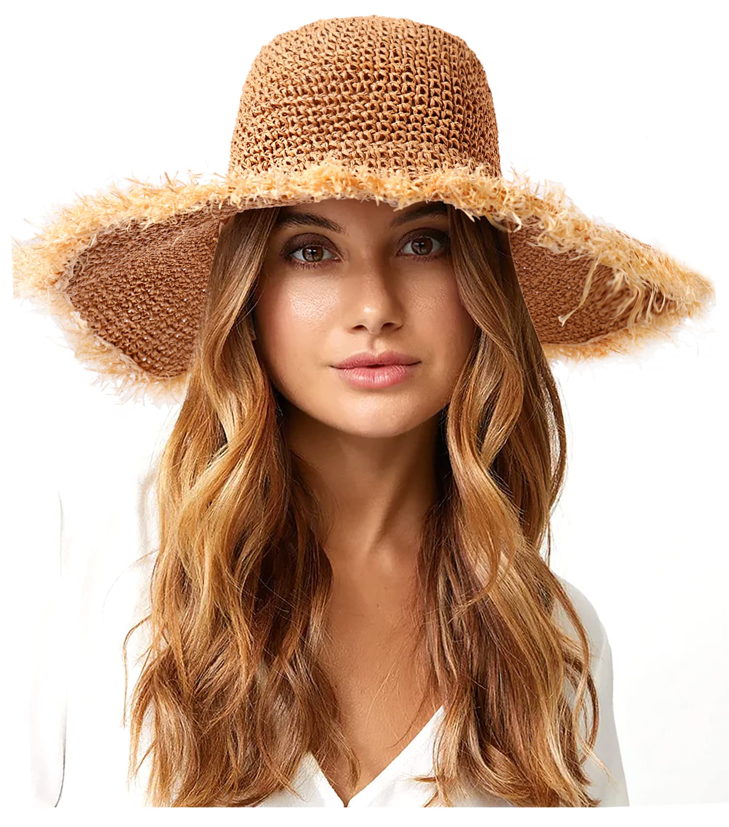 XOCARTIGE Sun Hats Women Straw Hats Wide Brim Summer Beach Hats Foldable Fringed Floppy Fedora Hats Summer Vacation Accessory (Brown)