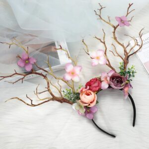 FRESHME Fairy Antlers Flower Crown - Handmade Elf Deer Reindeer Headbands Headpiece for Women Renaissance Cosplay Accessories