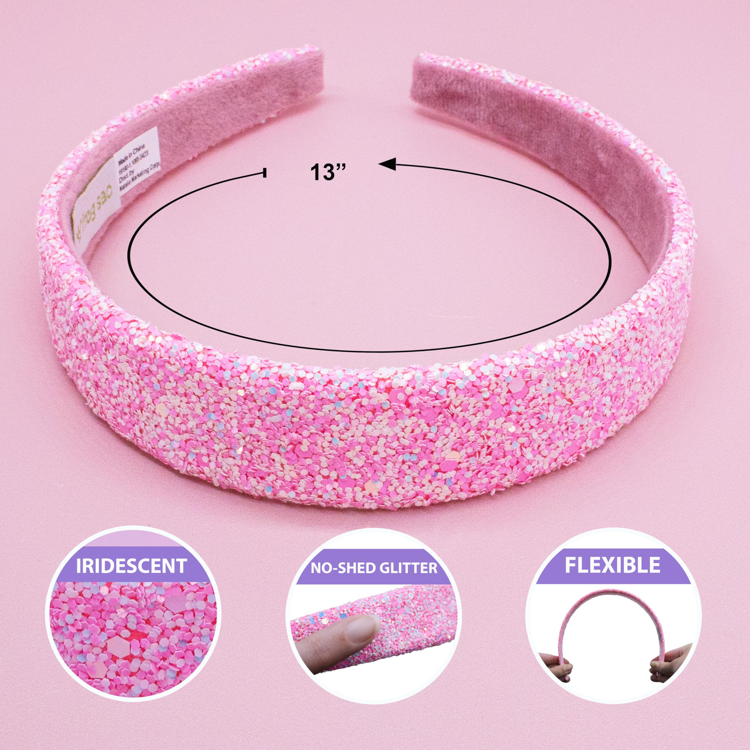 FROG SAC Hairband, Iridescent Glitter Headband for Girls, 13 inch Headband with Non-Slip Lining, Sparkly Hair Accessory for Kids, Cute Little Girl Hairband, Pink, Single Pack