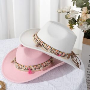 Gossifan Women Men Western Cowboy Cowgirl Hat Fedora Hat with Belt-Tassel Pink