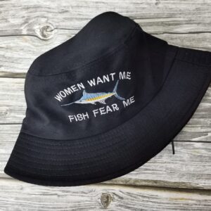 Enodtter Women Want Me Fish Fear Me Embroidered Bucket Hat, Black Embroidery Beach Sun Hat Summer Travel Fisherman Cap