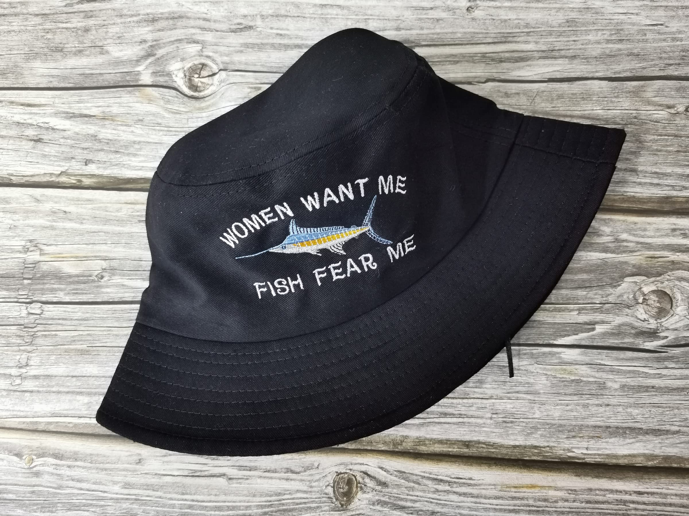 Enodtter Women Want Me Fish Fear Me Embroidered Bucket Hat, Black Embroidery Beach Sun Hat Summer Travel Fisherman Cap