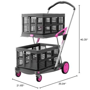 CLAX® The Original | Made in Germany | Multi Use Functional Collapsible Carts | Mobile Folding Trolley | Storage Cart Wagon | Shopping Cart with 2 Storage Crates (Pink)