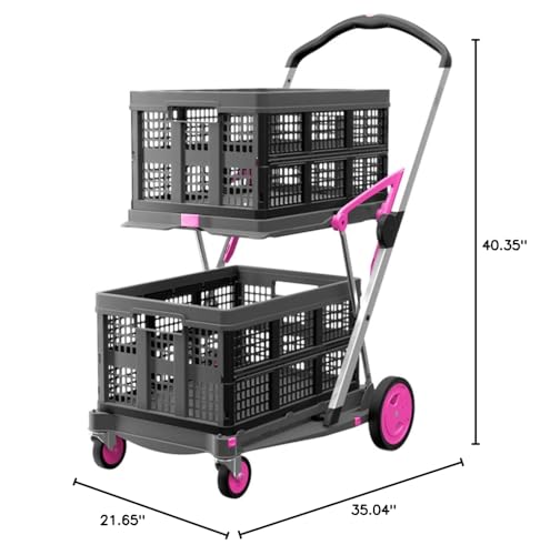 CLAX® The Original | Made in Germany | Multi Use Functional Collapsible Carts | Mobile Folding Trolley | Storage Cart Wagon | Shopping Cart with 2 Storage Crates (Pink)